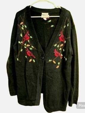 CJ Banks Cardinal Bird Cardigan Black Embroidered Cozy Button Plus 2X